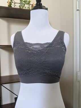 Belugue Stretch Lace Overlay Comfort Bralette XS Gray